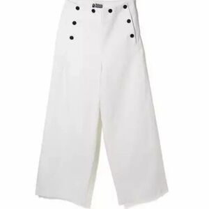 White Wide-Leg Pants with Black Buttons